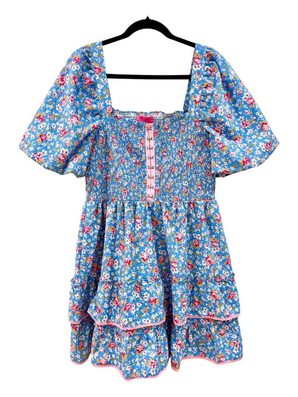 Betsey Johnson Blue Floral Seersucker Smocked Puff Sleeve XL Tiered Mini Dress